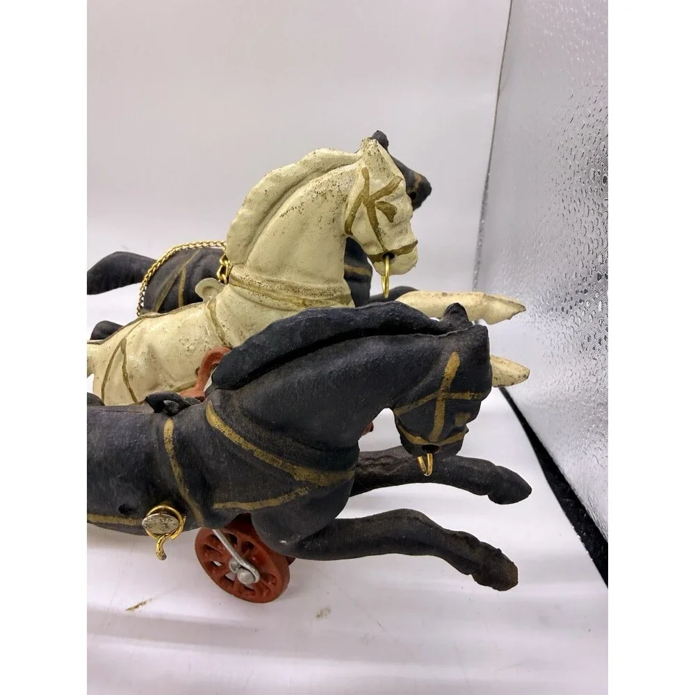 Vintage Cast Iron 3 Horse Drawn Fire Red Wagon Steam Pumper Toy